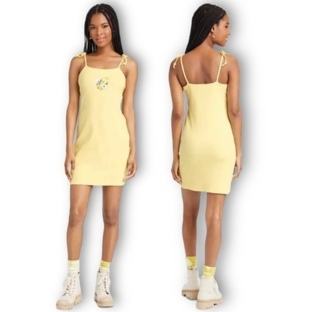 CLEARANCE NWT Looney Tunes Cami Dress Yellow Ribbed Knit TShirt Casual Y2K Twee